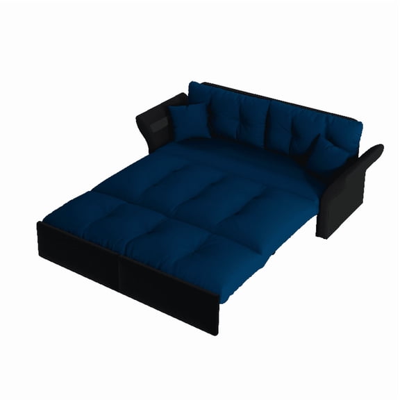TICOZE 74.8 Inch Blue Velvet 3-in-1 Convertible Sleeper Tufted Sofa with 2 Pillows, Queen Size Pull Out Sofa Bed for Modern Living Spaces