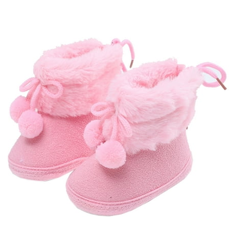 

0-18M Baby Girls Pom-Poms Snow Boots Non Slip Soft Sole Toddler First Walker Winter Warm Crib Shoes
