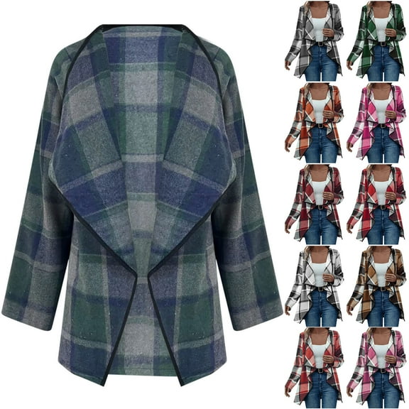 Otntypg Wool Blend Plaid Jackets for Women Lightweight Casual Fall Winter Open Cardigan Outwear Tops Loose Fit Shawl Collar Flannel Shacket Jacket Coffee XXL