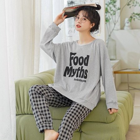 

QWZNDZGR Spring Big 5XL Knited Cotton Cartoon Girls Pajama Sets Women Pyjamas Plaid Sleepwear Pijama Mujer Homewear Clothing Nightwear