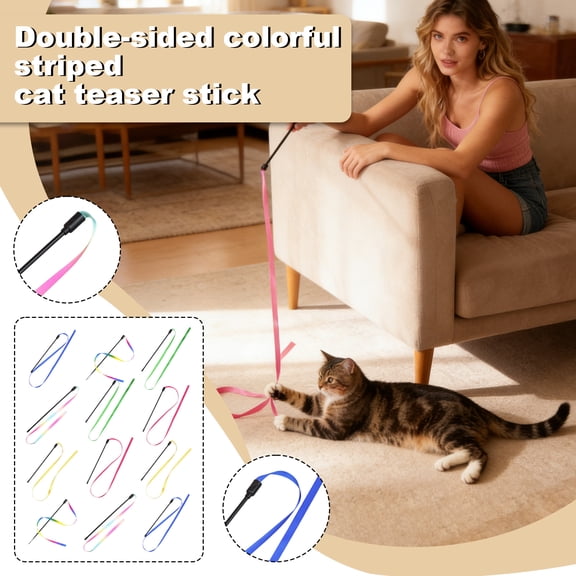 Retractable Ribbon Cat Teaser Wands, Double-Sided Striped interactive Play Sticks, Eye-Catching Feline Exercise & Bonding tools for Kittens, Adult Cats and Senior Felines, Pet