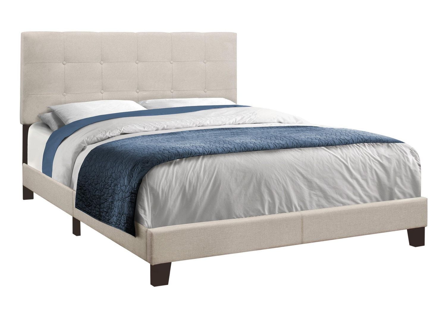 Monarch Specialties Bed, Queen Size, Platform, Bedroom, Frame, Upholstered, Linen Look, Wood Legs, Beige, Black, Transitional