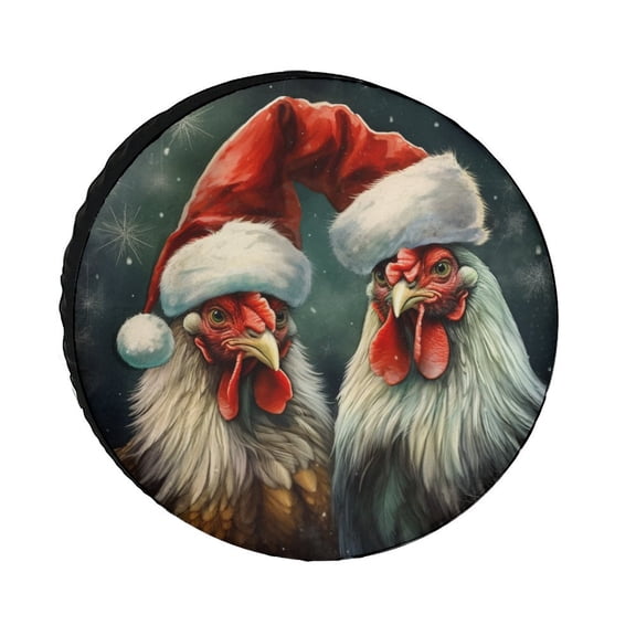 Heavy Duty Spare Tire Cover 12inch Christmas Roosters Christmas Hat Protectors Weatherproof Dust-Proof Watercolor Rooster Universal Fit for Trailer SUV Truck Camper Travel Trailers