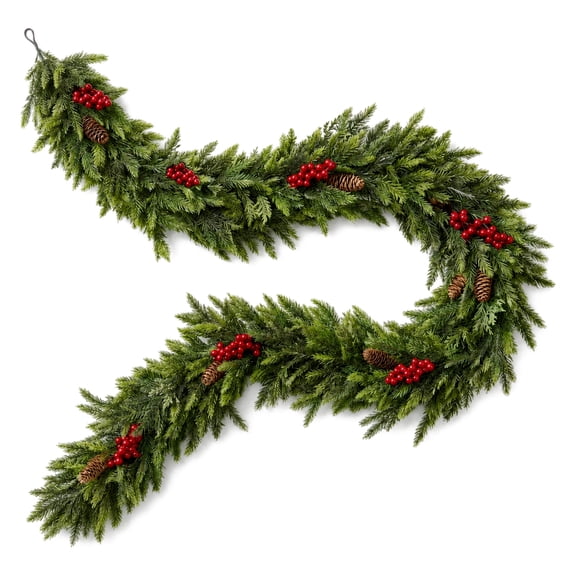 Glazina 9ft Norfolk Pine Christmas Garland, Real Touch Pure PE, Artificial Greenery with Red Berries and Pinecones for Decorations Indoor and Outdoor