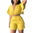 thumbnail image 1 of Mikilon Womens Oversized Stylish Outfits 2 Piece Set Ruffle Short Sleeve V-Neck Top Casual Shorts Summer Plus Size Suit Ruffle Short Sleeve V-Neck Top Casual Shorts Summer Plus Size Suits Yellow L, 1 of 7