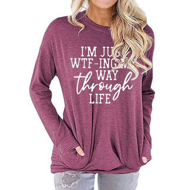 Jersey de cuello redondo para mujer, jersey de manga larga transpirable con patrón de alfabeto, Tops para mujer con bolsillo para uso diario, fucsia L