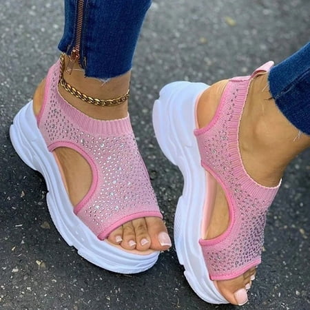 

uikmnh Women Shoes Women s Fashion Rhinestone Mesh Breathable Casual Platform Wedge Sandals Pink 7