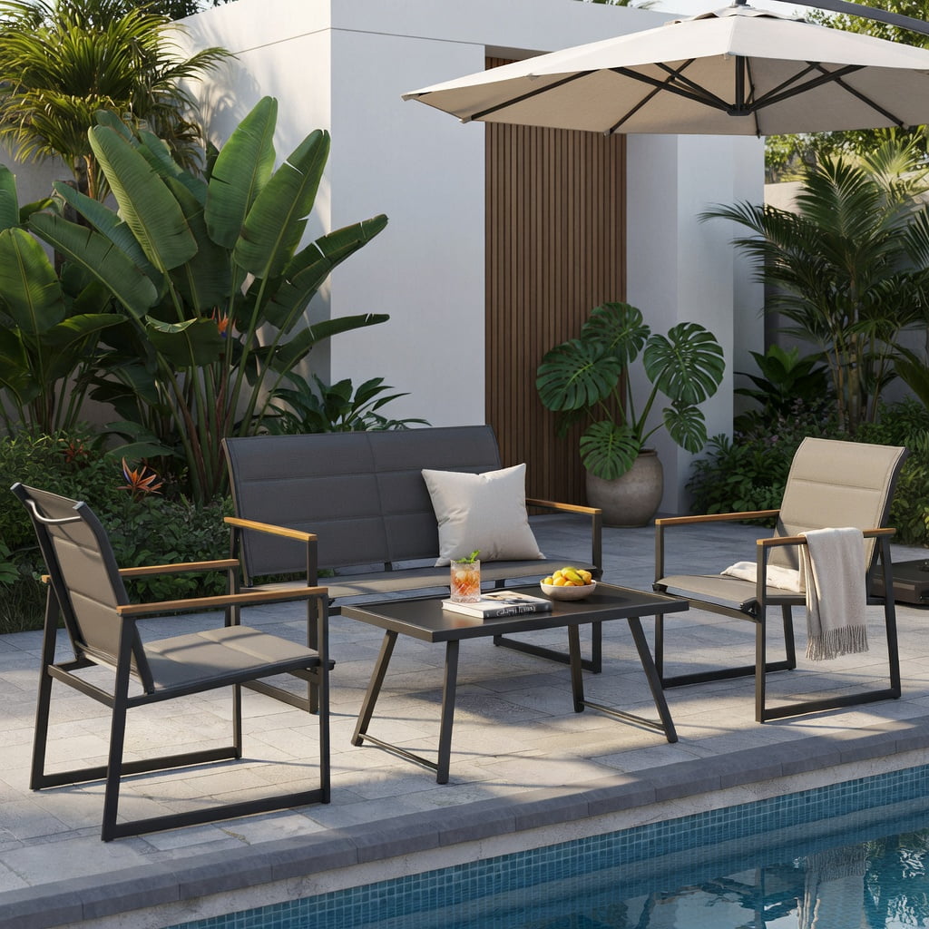 Hommoo 4-Piece Modern Outdoor Patio Furniture Set, Loveseat, 2 Armchairs & Tempered Glass Coffee Table for Backyard, Poolside & Balcony, Gray