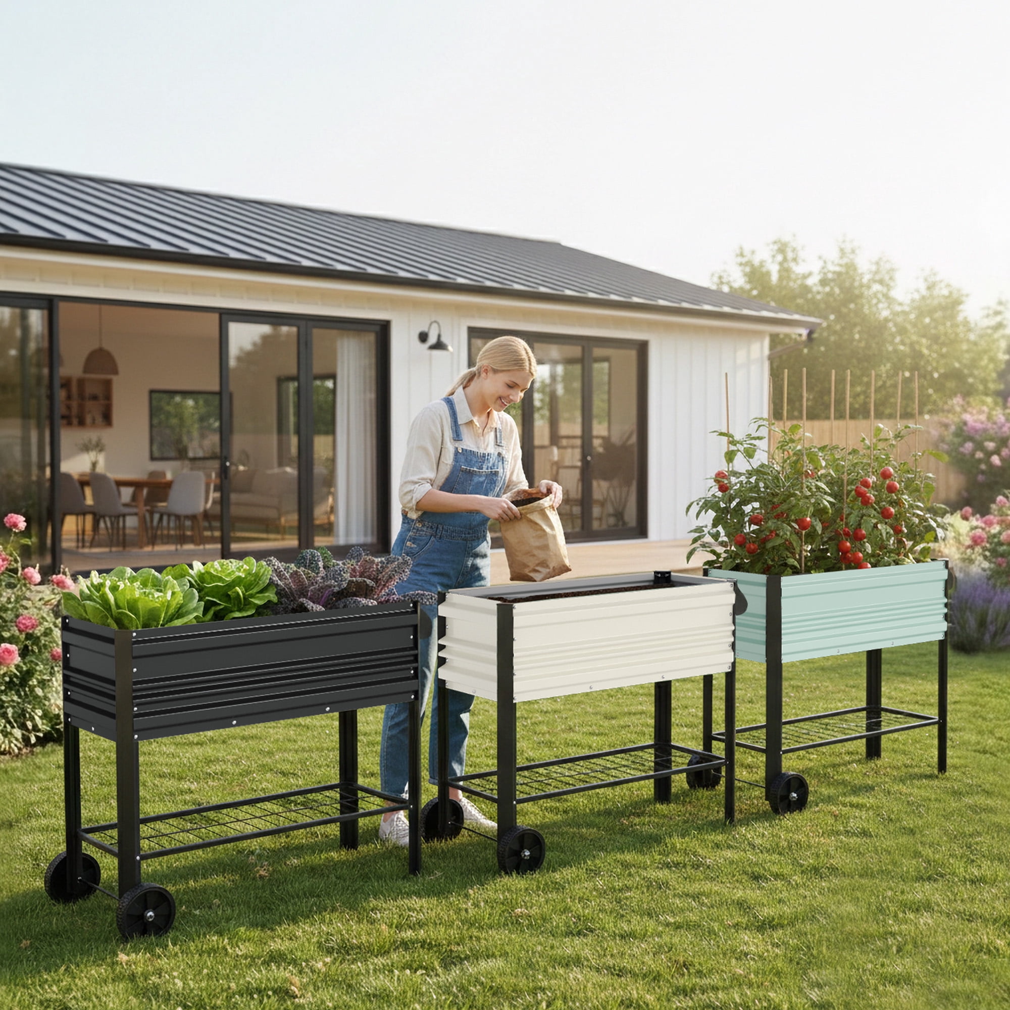WORKPRO 37in Outdoor Galvanized Raised Garden Bed with Legs and Wheels -White