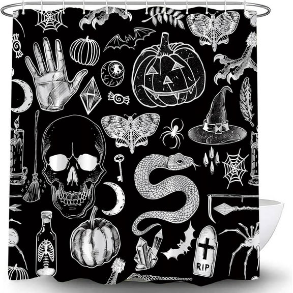 Halloween Spooky Shower Curtain Black Alchemy Magic World Witch Pumpkin Witchcraft Horror Skull Spooky Ghosts Watercolor Boho for Girls Boys Bathroom Curtain Set 72"WX72"H with Hook