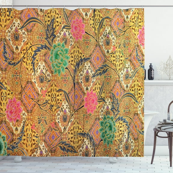 Asian Shower Curtain, Traditional Malaysian and Javanese Design Rich Retro Revival Pattern with Flowers, Fabric Bathroom Set with Hooks, 69W X 75L Inches Long, Multicolor, by Ambesonne