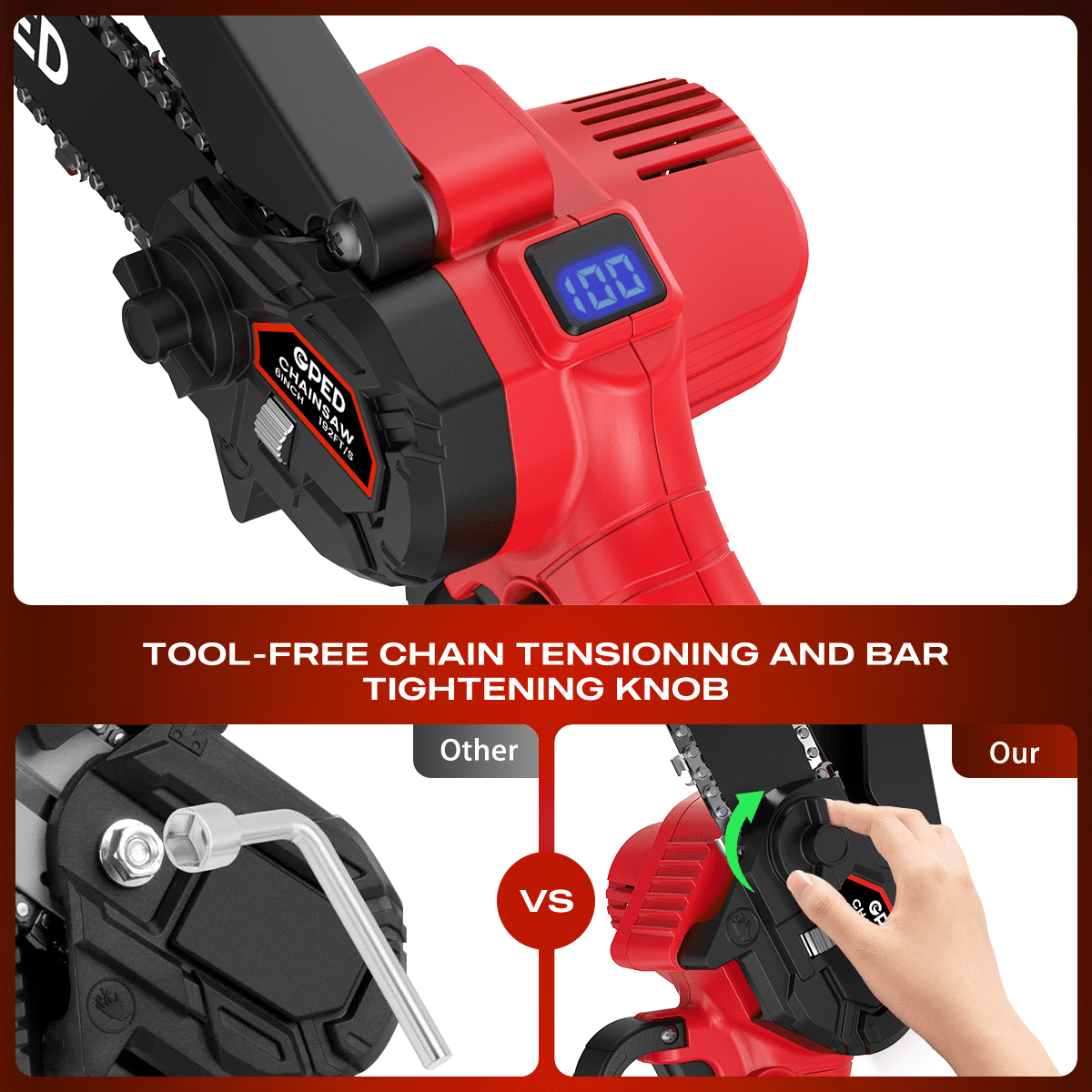 GPED Mini Chainsaw, 6 inch Portable Electric Chainsaw Cordless, Handheld Chain Saw Pruning Shears Chainsaw for Tree Branches, Courtyard, Household and Garden, Red