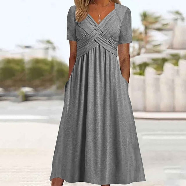 Robes Grande Taille Mode Manches Courtes Décontractées Longues avec Poches Robe de Soleil Grise TTTG