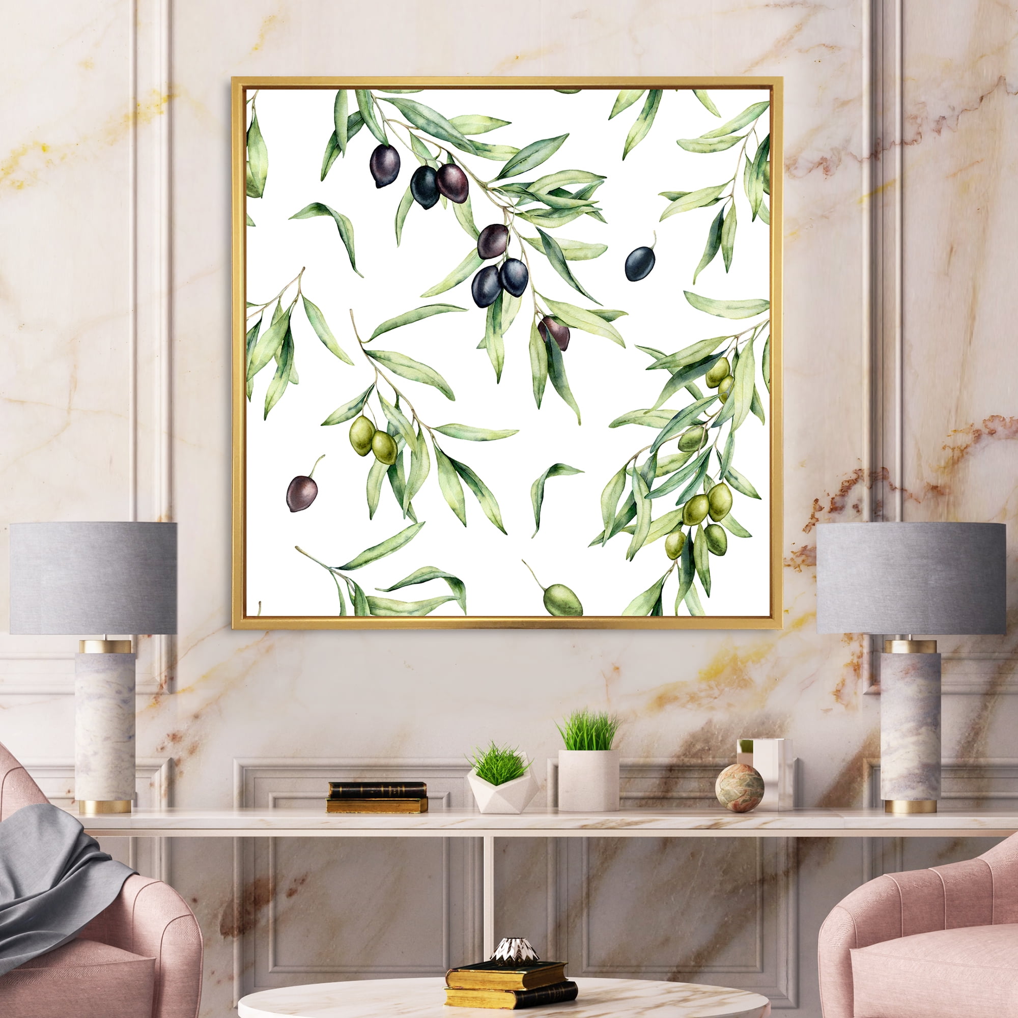 Designart 'Black and Green Olives With Olive Branches & Leaves' Lake House Framed Canvas Wall Art Print
