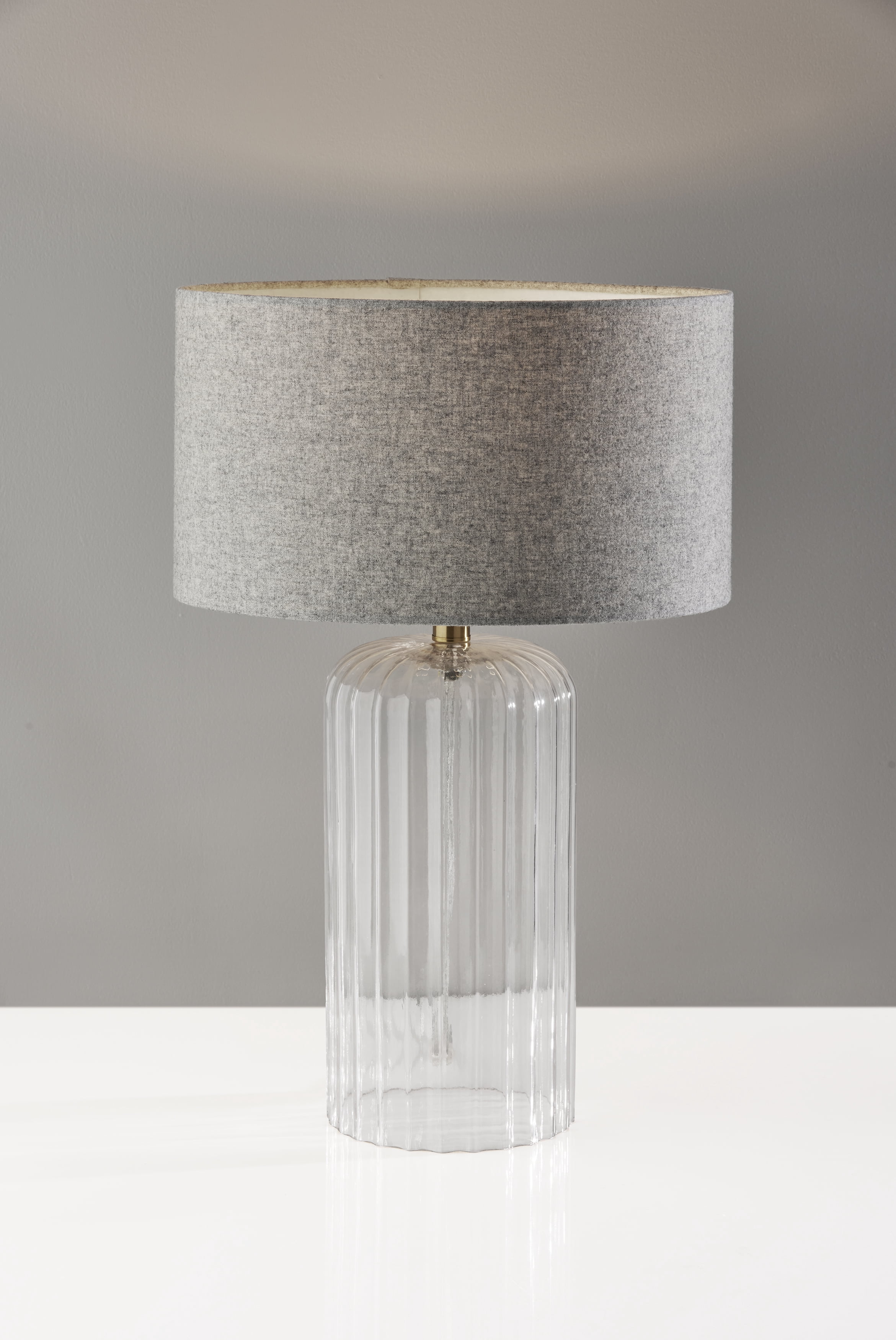 Simplee Adesso Carrie Large Table Lamp, Clear Ribbed Glass with Antique Brass Neck, Soft Touch Grey Fabric Shade