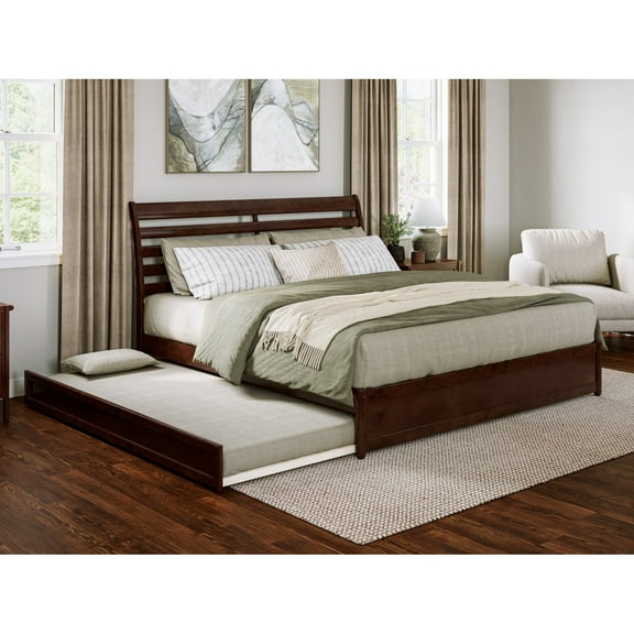 Emelie King Wood Platform Bed with Panel Footboard and Twin XL Trundle in Walnut