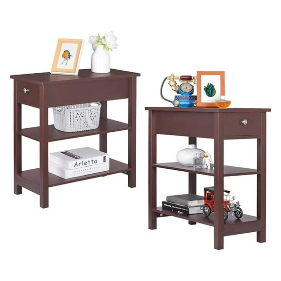 AIZYT Narrow End Tables with Drawer and Shelf for Small Space, 3-Tier Brown Sofa Side Table with Storage for Living Room Bedroom Entryway Office, Set of 2