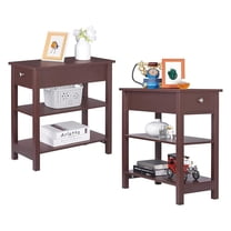 AIZYT Narrow End Tables with Drawer and Shelf for Small Space, 3-Tier Brown Sofa Side Table with Storage for Living Room Bedroom Entryway Office, Set of 2