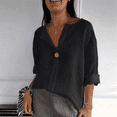 thumbnail image 4 of Camisa de para Mujer, Cuello en V, Botones, Blusa , Mangas 3/4, Informal, Holgada, Estilo Túnica, Camisetas de Verano. Negro S, 4 of 8