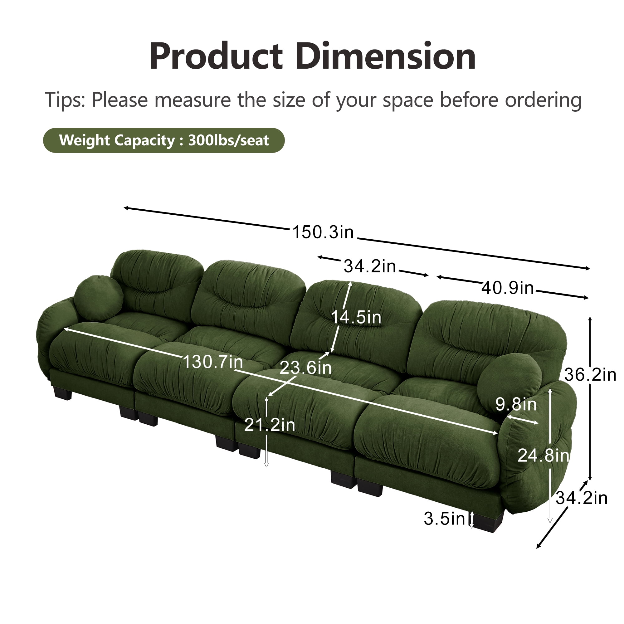 150" 4 Seater Couch Cozy Chenille Sofa with 2 Throw Pillows