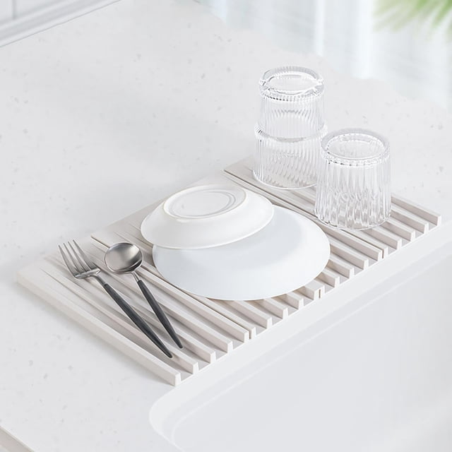 Draining Mat Silicone Sink Drying Mat Foldable Drainer Rack for Dishes Kitchen Countertop Drying Pad(White,1-Piece) Rkxzt