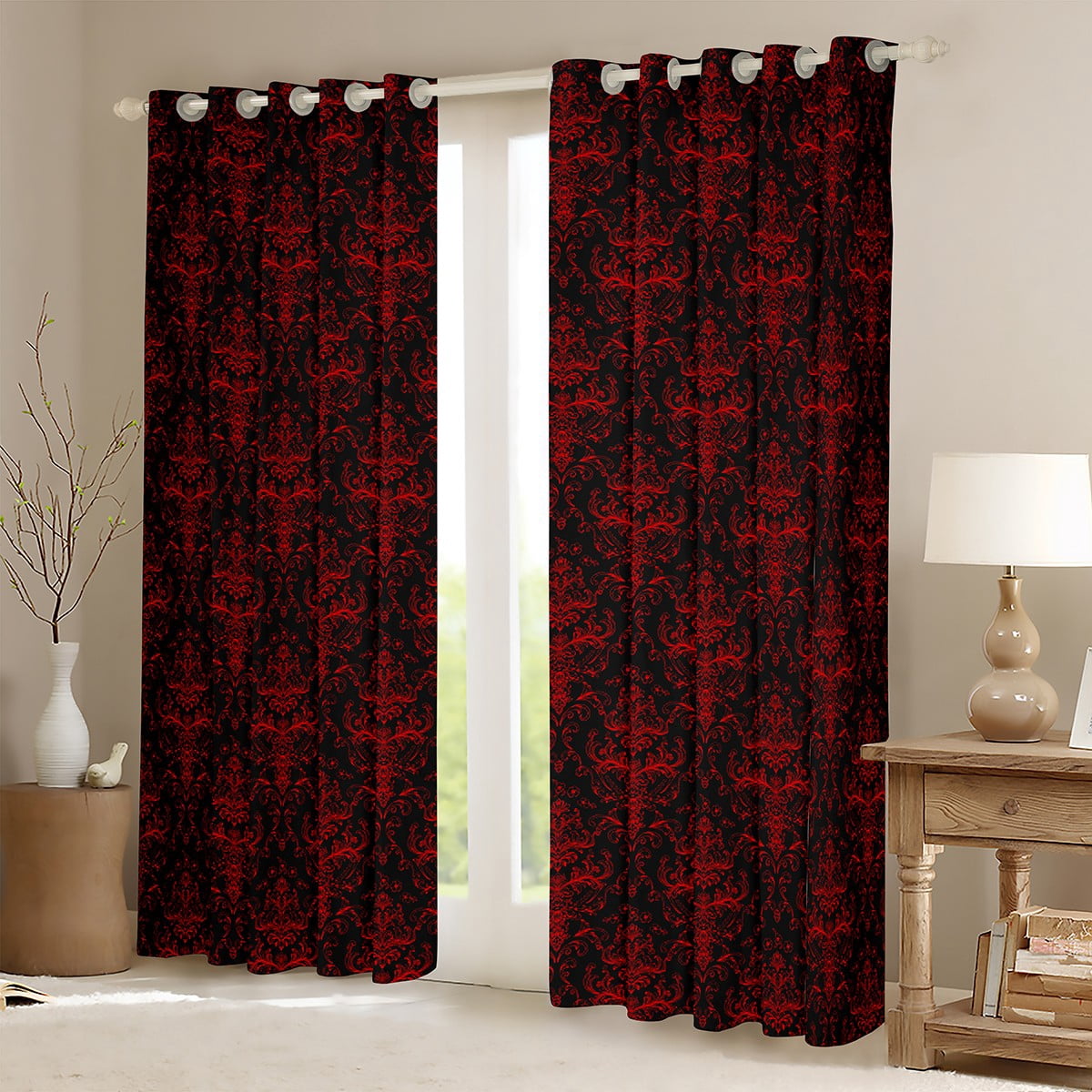 jejeloiu Victorian Damask Blackout Curtains Set of 2 (52x84 Each),Vintage Gothic Floral Window Curtains,Red Black Curtains and Drapes For Adult,Lightweight Room Decorative