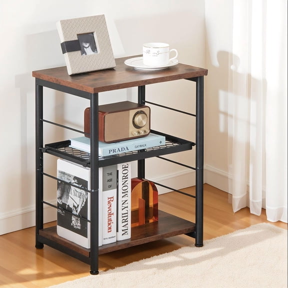 Barara King Dining Table,Side Table,Nightstand,3-Tier Industrial Side Table with Adjustable Mesh Shelf-Rustic Brown