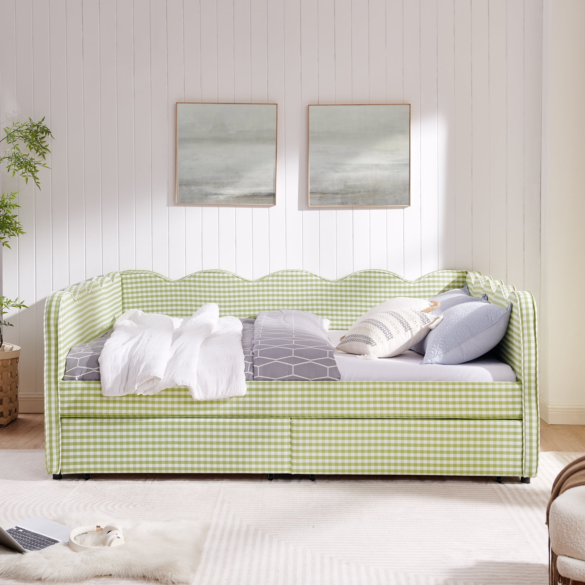avobird Cozy Gingham Daybed with 2 Storage Drawers Queen Size Sofa Bed for Living Room, Sleeper Sofa with USB Port and Adorable Wave Shaped, Linen Fabric, Green