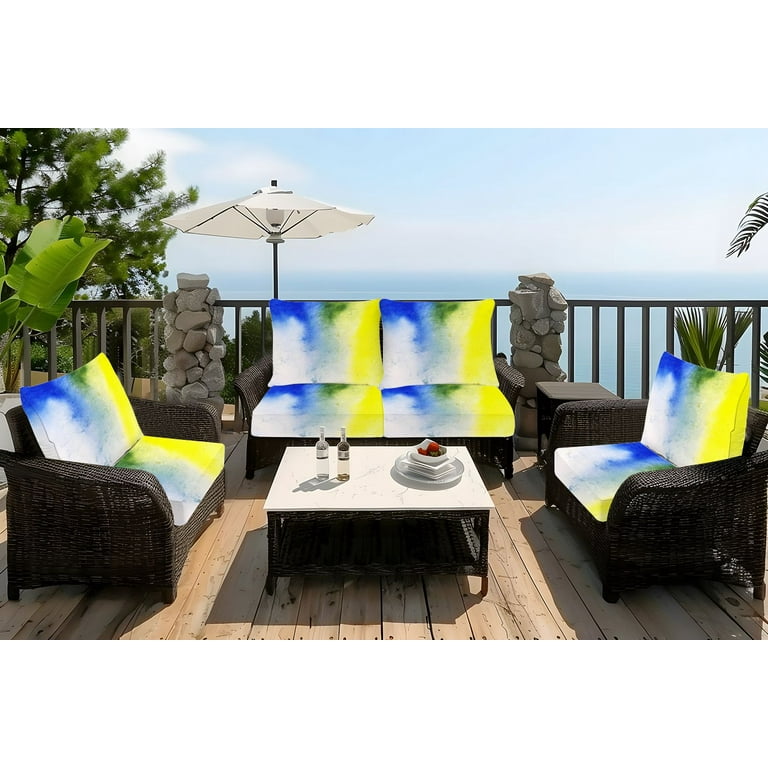 Blue and yellow chair cushions hotsell