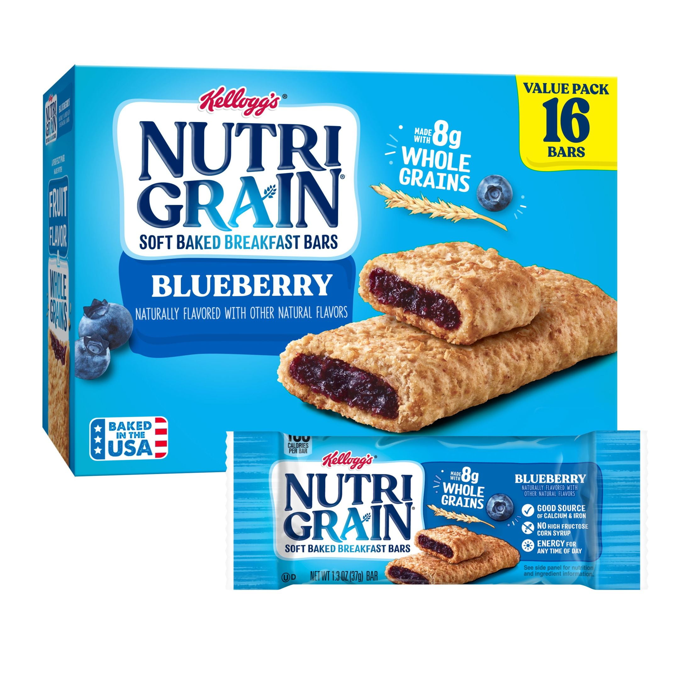 Kellogg's Nutri-Grain Blueberry Chewy Soft Baked Breakfast Bars, Kids Snacks, 20.8 oz, 16 Count
