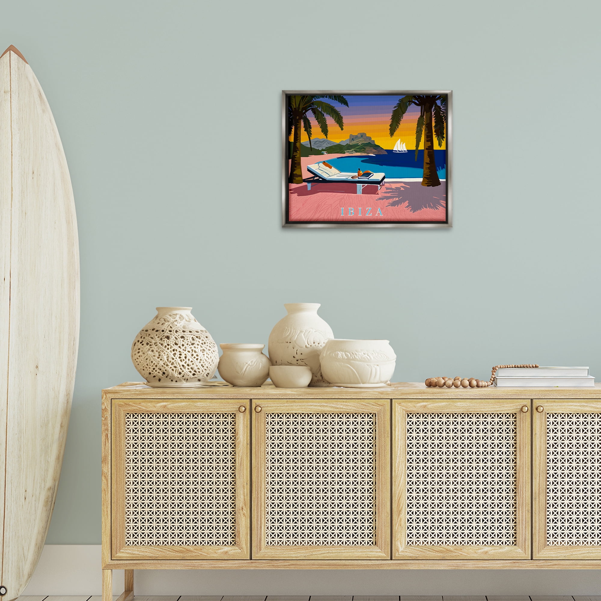 Stupell Industries Ibiza Tropical Beach View Cities & Countries Painting Gray Floater Framed Canvas Art Print Wall Art, 21 x 17