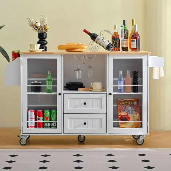 S-HOME Kitchen Island Trolley With Lockable Wheels, Spice Rack And Dropleaf Top In Ivory White For Versatile Kitchen Use