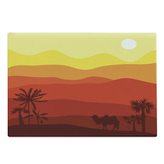 Landscape Cutting Board, Abstract Exotic Dessert Outdoor Scene with Camel and Trees in Warm Colors Palette, Decorative Tempered Glass Cutting and Serving Board, in 3 Sizes, by Ambesonne