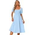 thumbnail image 1 of Vestido fruncido con mangas abullonadas Allegra K Cuadros Vichy Azul claro L, 1 of 5