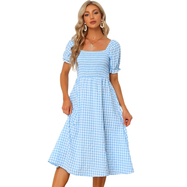 Vestido fruncido con mangas abullonadas Allegra K Cuadros Vichy Azul claro L