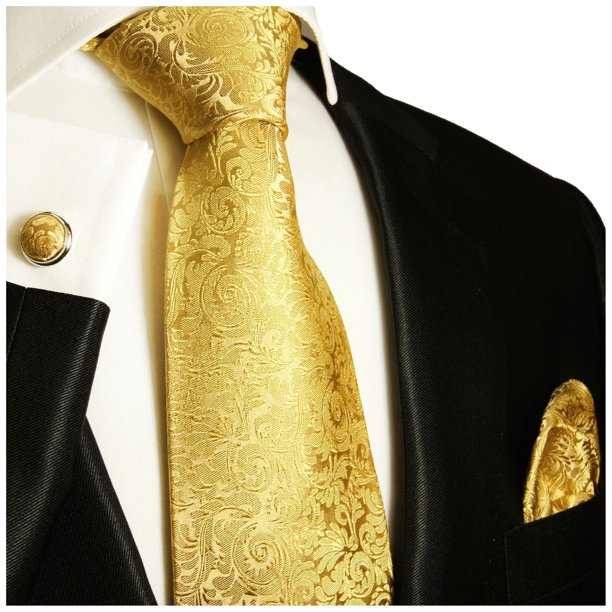 100% Pure Silk Neck Tie Cuff-links & Handkerchief Set Purples & Golds Checks 