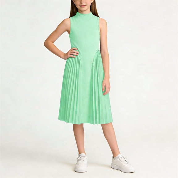 Girls Green Pleated Midi Dress Sleeveless Mock Neck Casual Play Dress for Kids Ages 8-13,Size 9-10 T