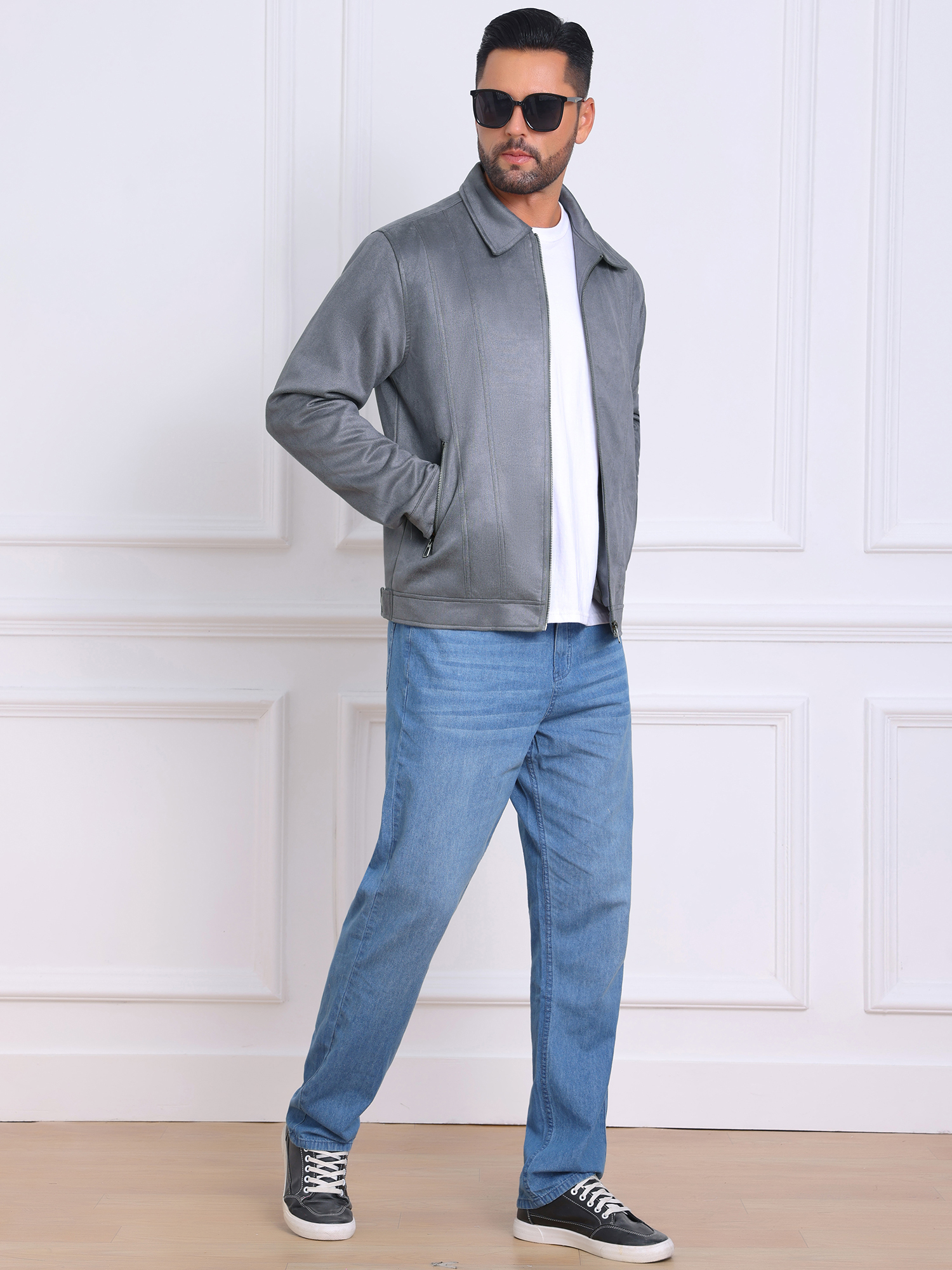 DARING DIVA Men's Collared Zipper Outdoor Wear Vintage Suede Jacket 2XL Gray