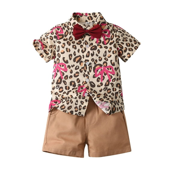 MEZZALL Toddler Boys Girls Short Sleeve Prints T-Shirt Tshirts Tee Tops Shorts Gentleman Outfits, Beige, 3-4 Years