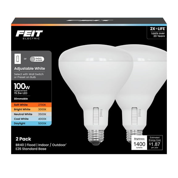 Feit Electric  100W BR40 E26 Adjustable Equivalence Medium LED Bulb, White - Pack of 2
