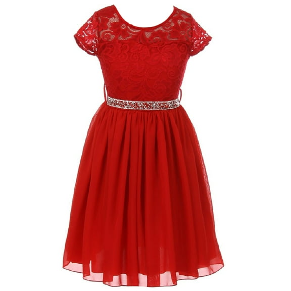 Little Girl Cap Sleeve Lace Top Chiffon Holiday Flower Girl Dress (20JK53S) Red 2
