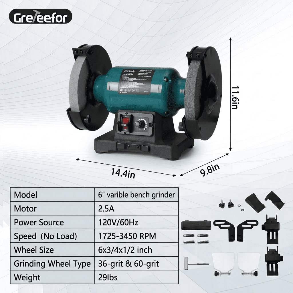 6-Inch Variable Speed Bench Grinder with Grinding Wheel Dresser, 1725–3450 RPM 2.5 Amp Brushless Induction Motor for Sharpening, Grinding & Polishing