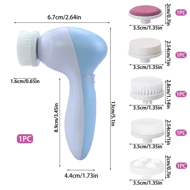 Cepillo de limpieza facial, cepillo facial corporal 5 en 1, impermeable, eléctrico, 2 velocidades de rotación para eliminar puntos negros, exfoliar y masajear (azul)