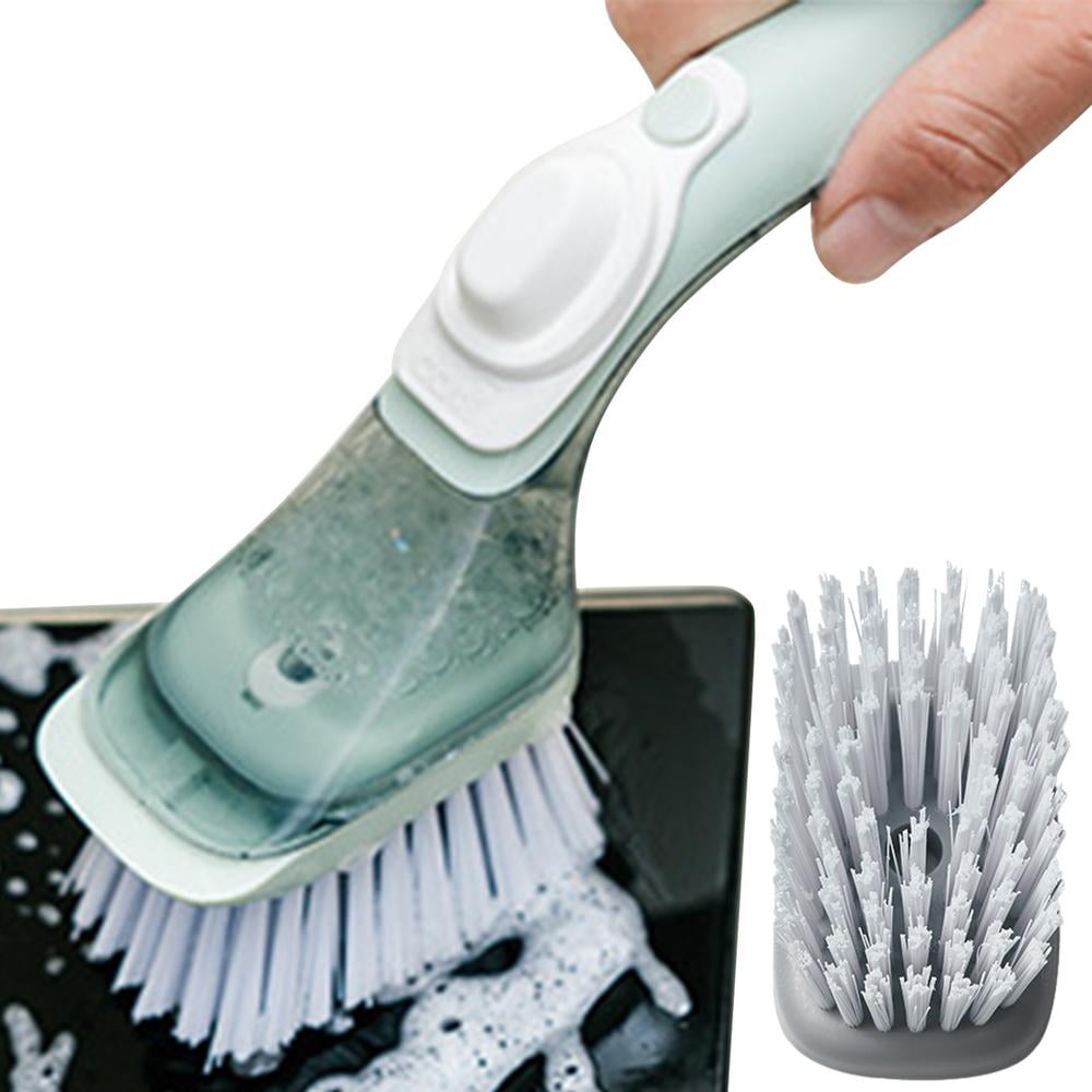 Fovolat Brush with Liquid Dispenser Multifunctional Dish Scrubber Kitchen Dish Scrub Brush with A Replacement Brush Head Kitchen Tool Soap Control Dispenser Brush present