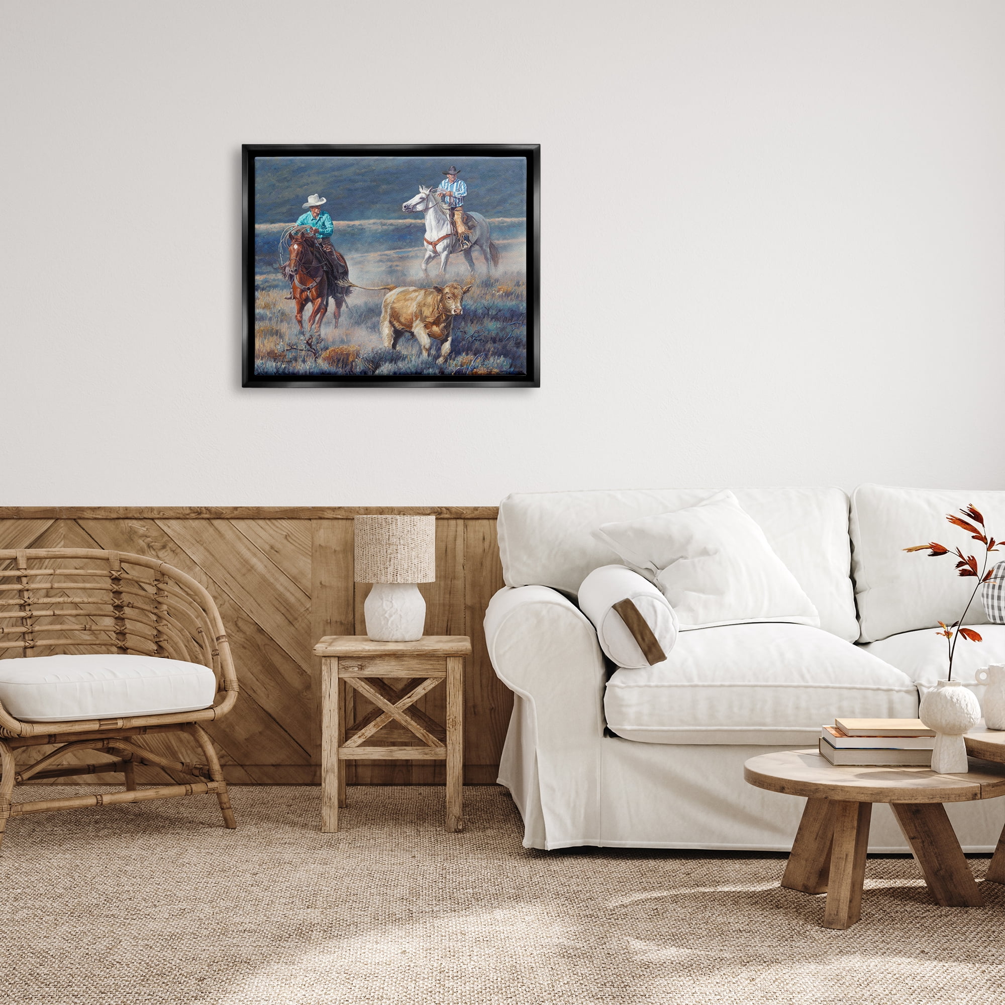 Stupell Industries Cowboys Wrangling Cattle Animals & Insects Painting Black Floater Framed Art Print Wall Art, 31 x 25