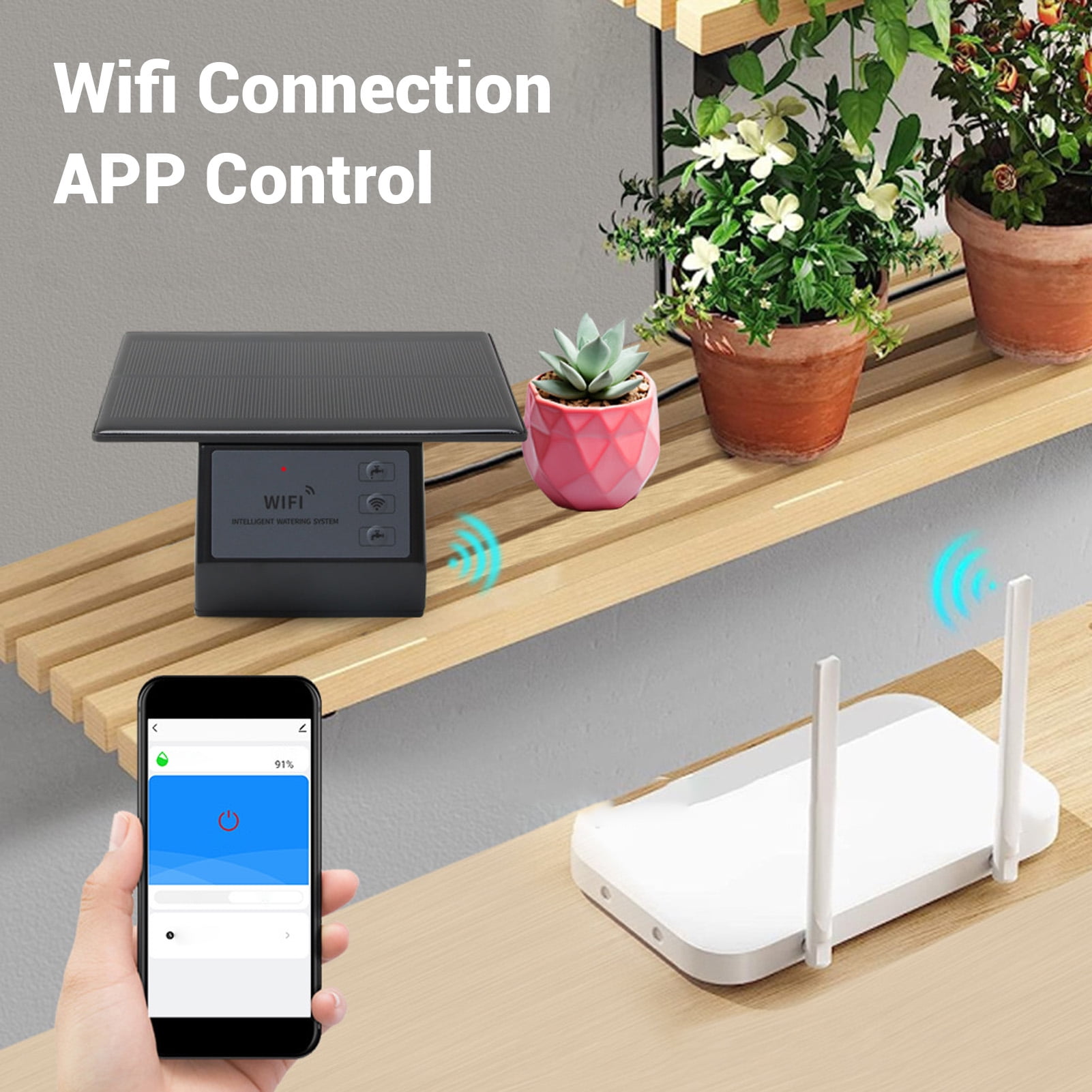 Rupoun Solar Automatic Drip Irrigation Kit with WiFi App Control, Smart Timing Self Watering System, 2000mAh Battery, 32.8 ft / 10 m Hose, 28 Pieces for Potted Plants & Garden