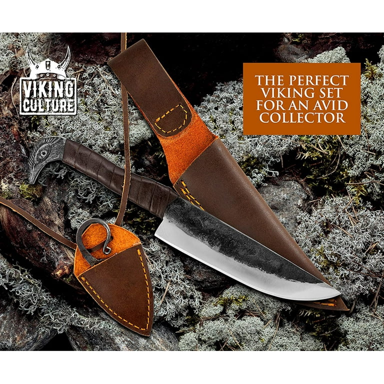 Viking Culture 2-Piece Viking Knife Set - 10.3 Raven-Head Viking Knife  with 6.5 Blade & Leather Sheath - 3 Celtic Pocket Knife with Necklace Case  - Sharp Hand-Forged Real Carbon Steel 