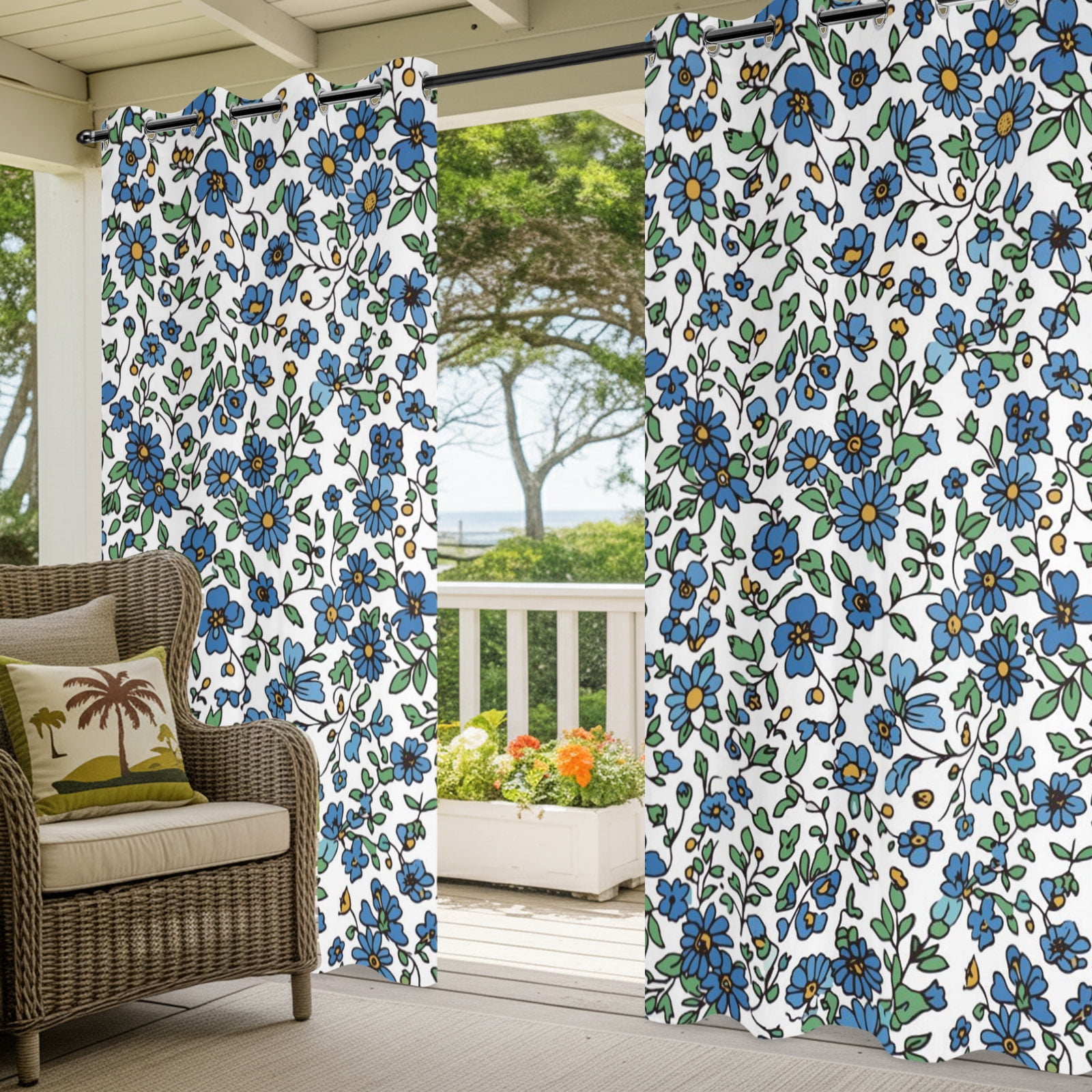 Blue Floral Outdoor Curtains for Patio, Botanical Farmhouse Nature Sunshade Privacy Drapes Grommet Waterproof Outside Curtains for Porch/Cabana/Balcony 54"x 108", 1 Panel