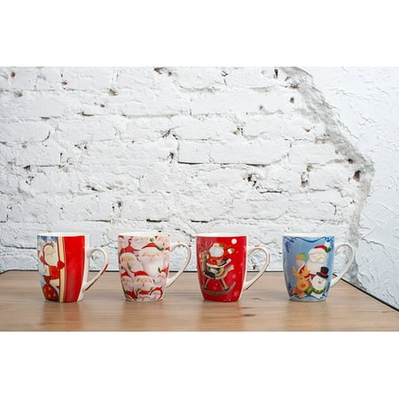 All For You X973 Christmas New Bone China Mug with Christmas Gift Prints Santa, Snow man-Set of 4, 12 Oz, Gift