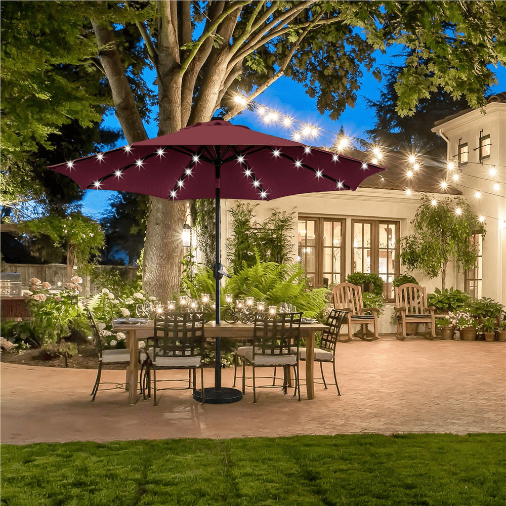 Renwick 9 ft Solar LED Patio Umbrella with Base and Tilt Crank, Burgundy